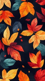 Autumn foliage pattern with multicolored leaves on dark background.