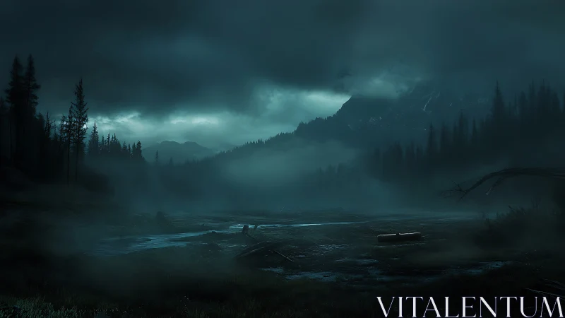 Foggy mountain valley landscape sits under heavy storm clouds
