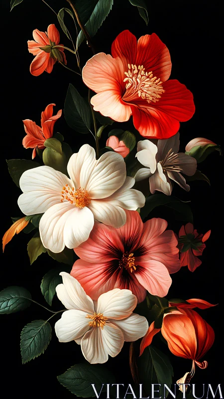 Botanical arrangement of red and white flowers against dark background.