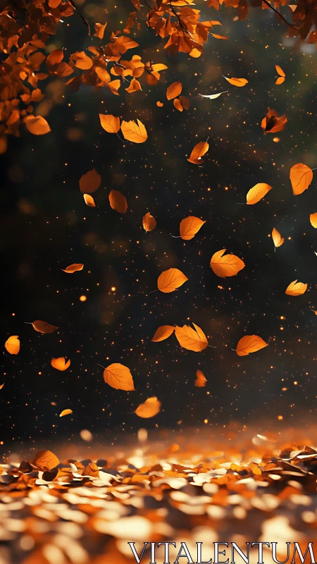 Autumn leaves swirl above a softly lit forest floor