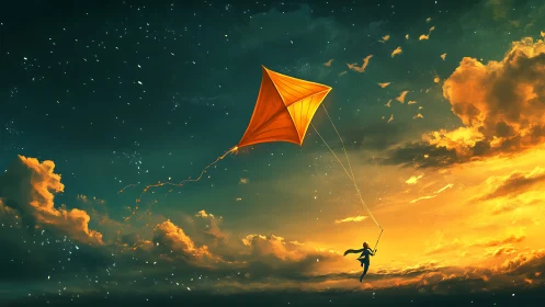 Golden kite drifts through a dreamlit twilight sky.