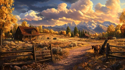 Golden mountain farm glows in gentle late autumn sunlight