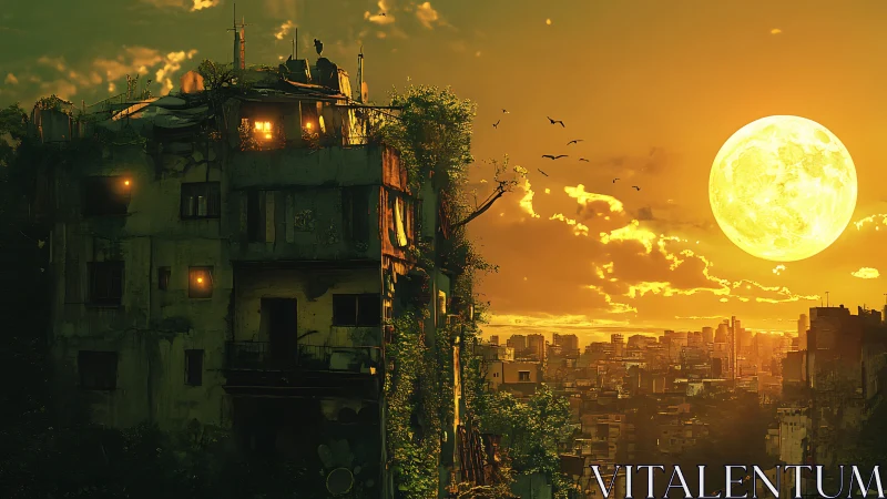 Decaying city tower glows beneath an enormous golden moon.