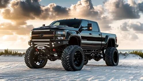 Lifted black off-road truck dominates sunlit coastal dunes