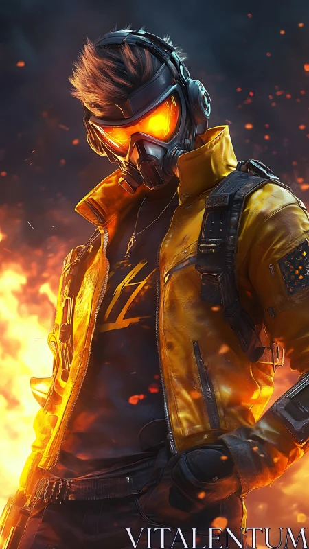 Cyberpunk fire operative in tactical mask and neon jacket.