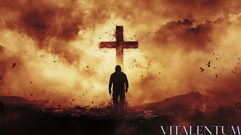 Silhouetted figure before large cross in smoke-filled light.