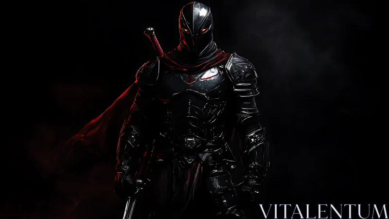Armored shadow warrior rendered in high-contrast digital chiaroscuro