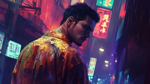 Neon rain drapes a lone drifter in electric midnight glow.