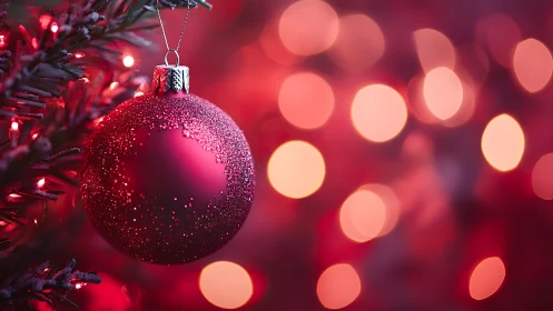Red Christmas ornament hangs before glowing holiday bokeh