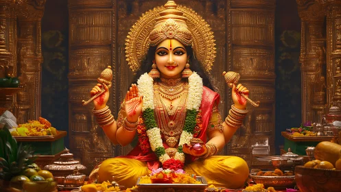 Golden Hindu goddess statue sits amid temple offerings