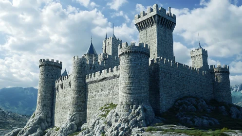 Stone fortress dominates rocky hillside under bright sky