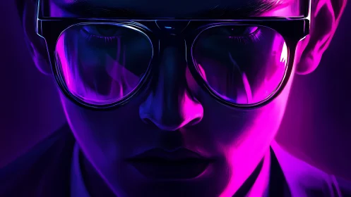 Neon-lit close portrait uses rim lighting and reflective eyewear surfaces