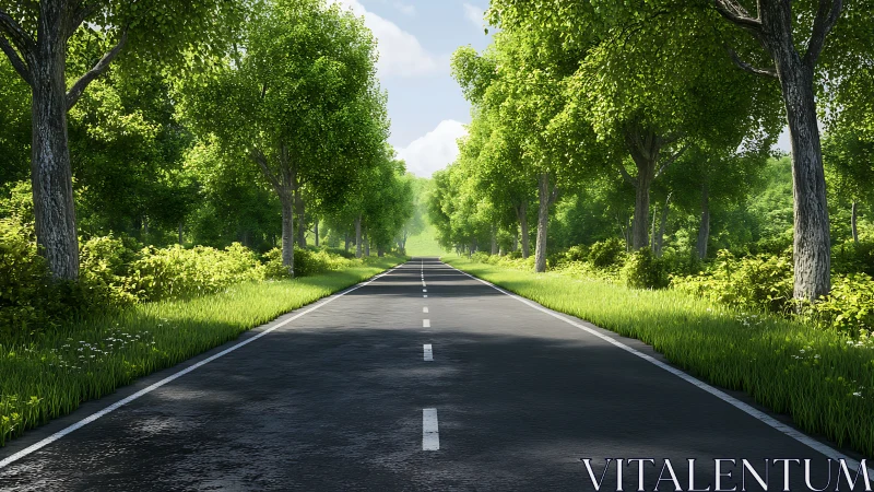 Tree-Lined Asphalt Road with White Center Markings and Vanishing Point Perspective