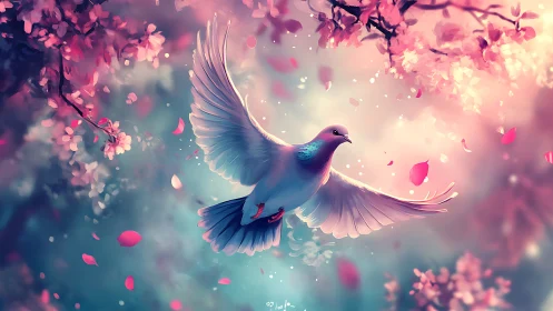 Blossom-winged dove drifting through pastel spring skies.