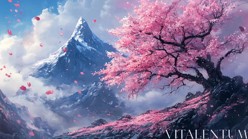 Snowcapped mountain with solitary cherry tree in bloom.