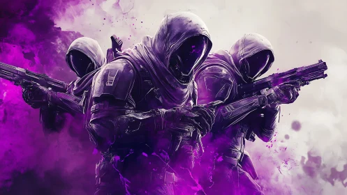 Hooded armored soldiers with rifles in violet smoke field.