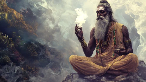 Mystic sage drifts through luminous sacred mountain mists.