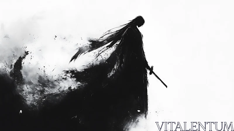 Shadowed swordsman drifts across a storm of ink and light