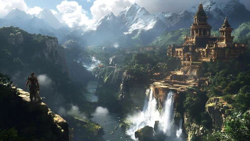 Lone wanderer beholds sunlit citadel above roaring falls.
