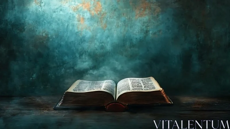 Ancient illuminated book resting under moody teal glow.