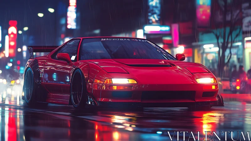 Midnight scarlet street racer slicing neon rain.