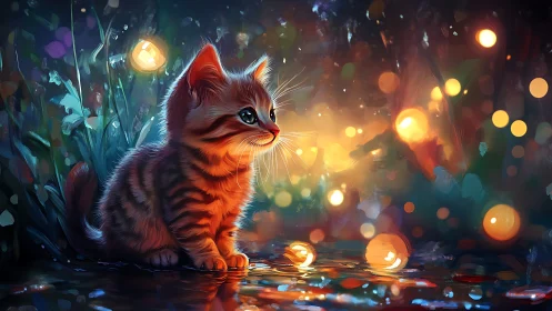 Tabby kitten in atmospheric bokeh environment.