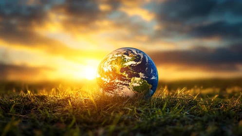 Golden sunrise cradles our small blue planet in soft grass