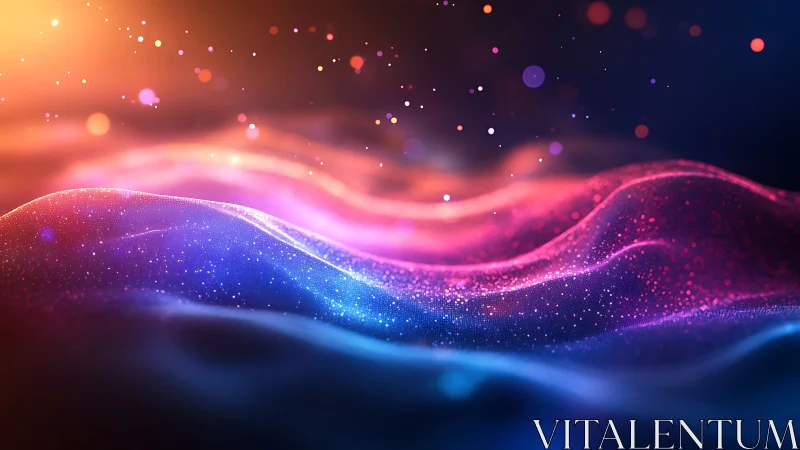 Luminous particle waves in neon gradients and volumetric glow.