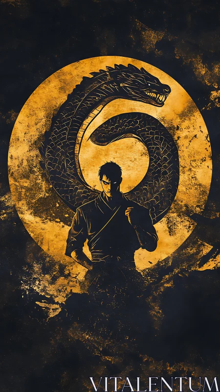 Martial artist silhouette with coiled dragon emblem background.