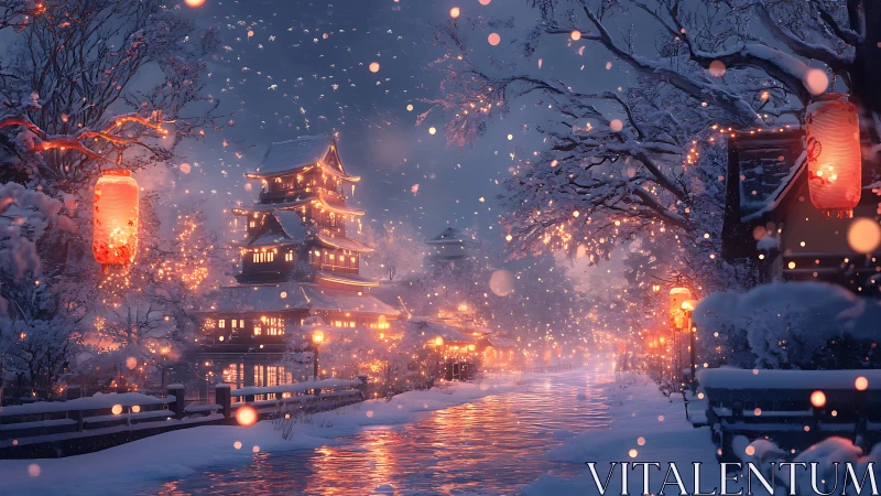 Snowy Japanese lantern street glows under winter twilight.