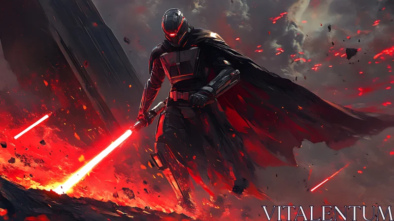 Armored dark warrior with twin red energy blades in lava storm