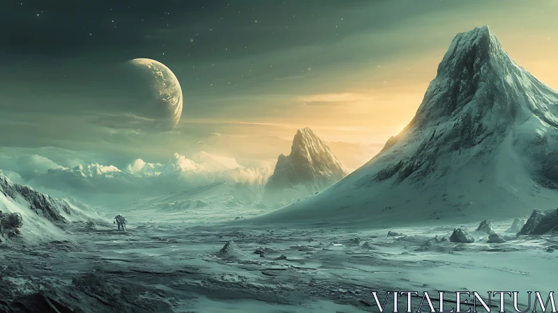 Lone astronaut wandering icy alien peaks at green dawn.