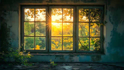 Sunlit overgrown garden framed by old rustic window.