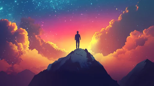 Silhouette atop summit under cosmic sunset sky glow.