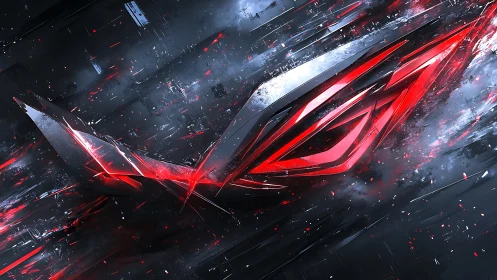 Shattered crimson wing emblem in high-speed digital motion.