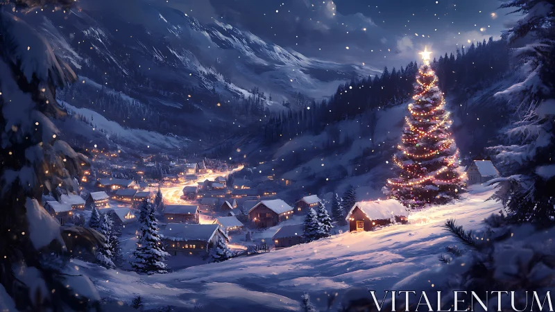 Winter mountain village under glowing Christmas tree lights.
