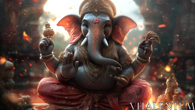 Divine elephant deity in ornate gold, seated amid embers.