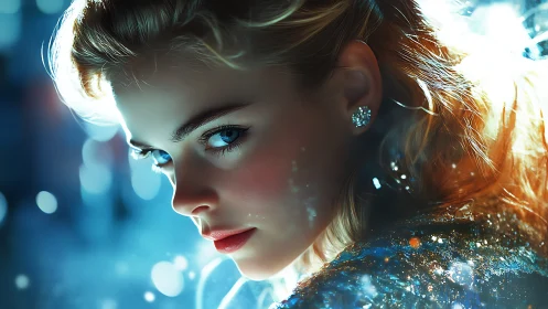 Close-up digital portrait of woman in cool blue light.
