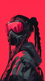 Bold masked figure stands strong in vivid neon red light