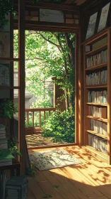 Sunlit wooden study with open view to lush green garden.