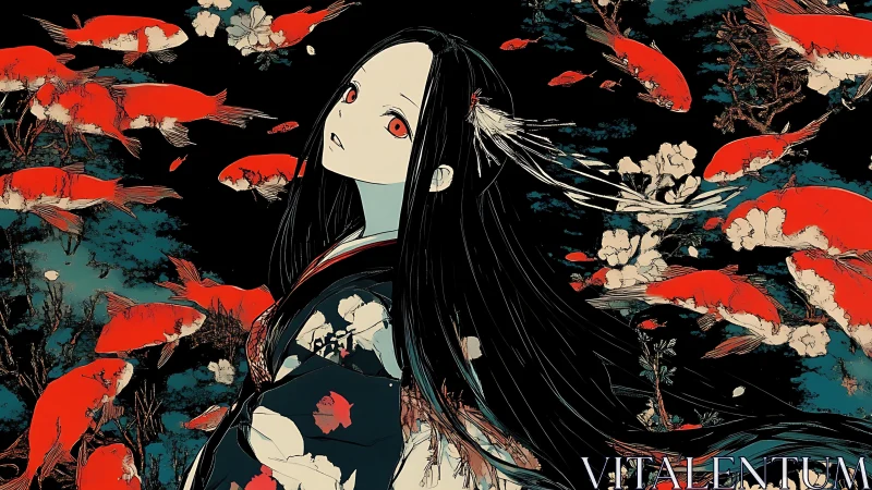 Melancholic girl drifts among crimson koi in a dreamlike void