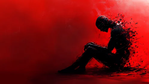 Digital painting of dissolving figure in red negative space.