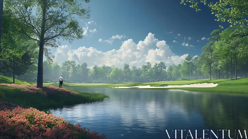 Sunlit golf course lake with specular water reflections and clouds