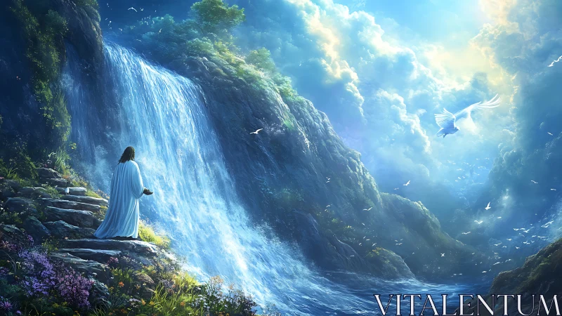 Figure in white robe beside waterfall under bright sky.