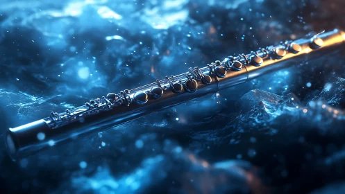 Silver flute gleams against swirling blue liquid waves.