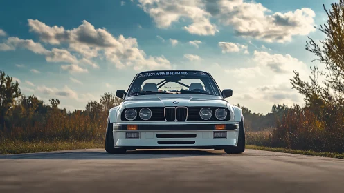Crisp white classic car waits proudly on a sunny open road