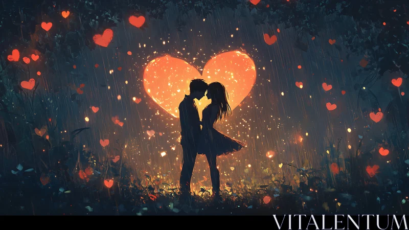 Luminous Hearts Rain: Two Souls Kissing in Glowing Passion.