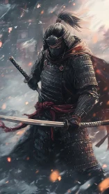 Armored samurai advances through snowstorm with dual katanas drawn