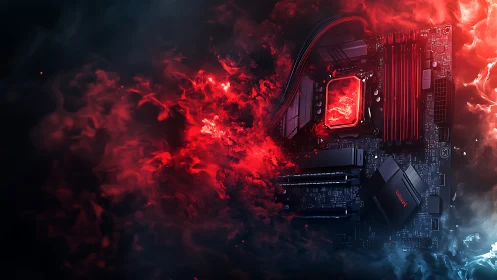 Ember-forged motherboard ignites in swirling digital firestorm.