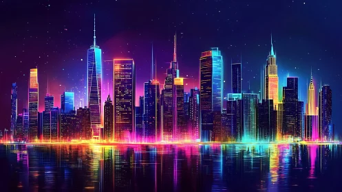 Neon-drenched futuristic city skyline glows over waterfront